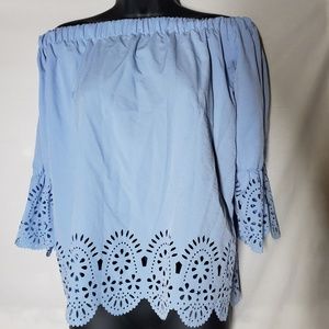 Blue Off The Shoulder Eyelet Blouse Size Small